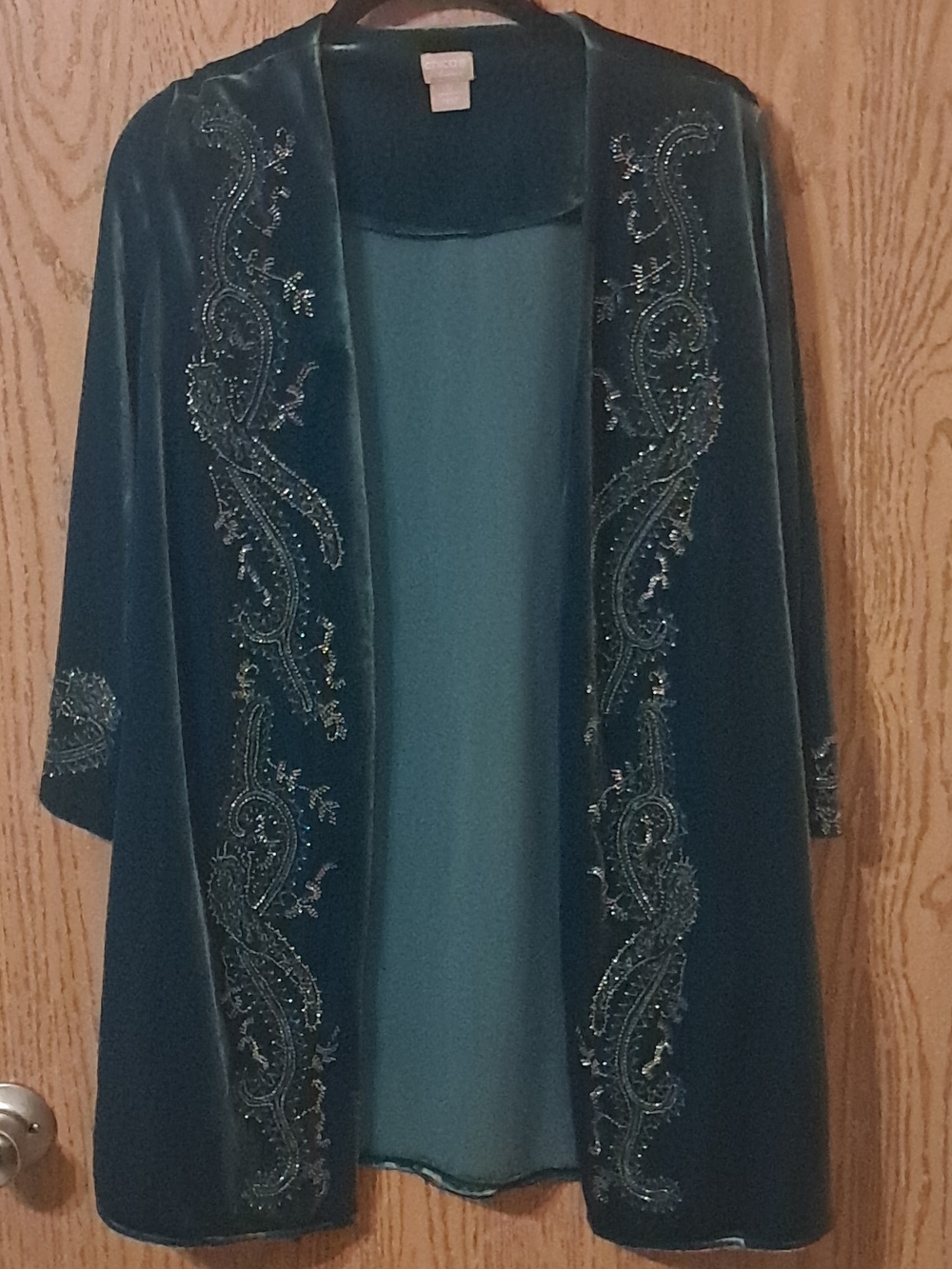 Chico's Teal Velvet Open-Front Cardigan with Beaded Paisley Trim 0